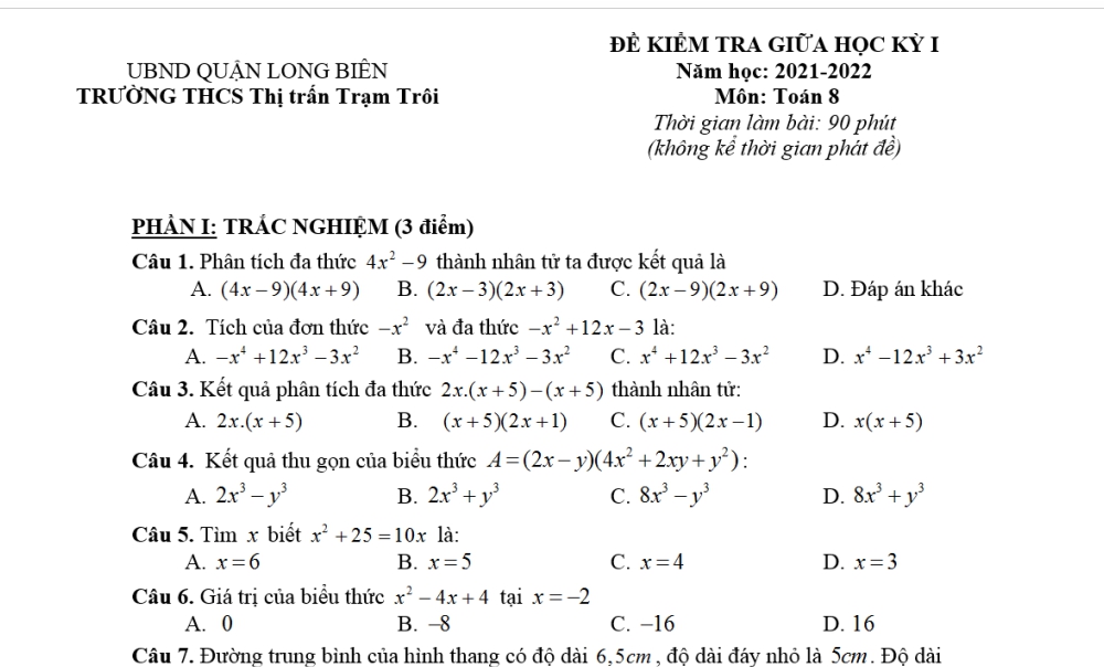 Toán 8: Đề kiểm tra giữa học kỳ 1. Trường THCS trị trấn Trạm Trôi năm học 2021-2021
